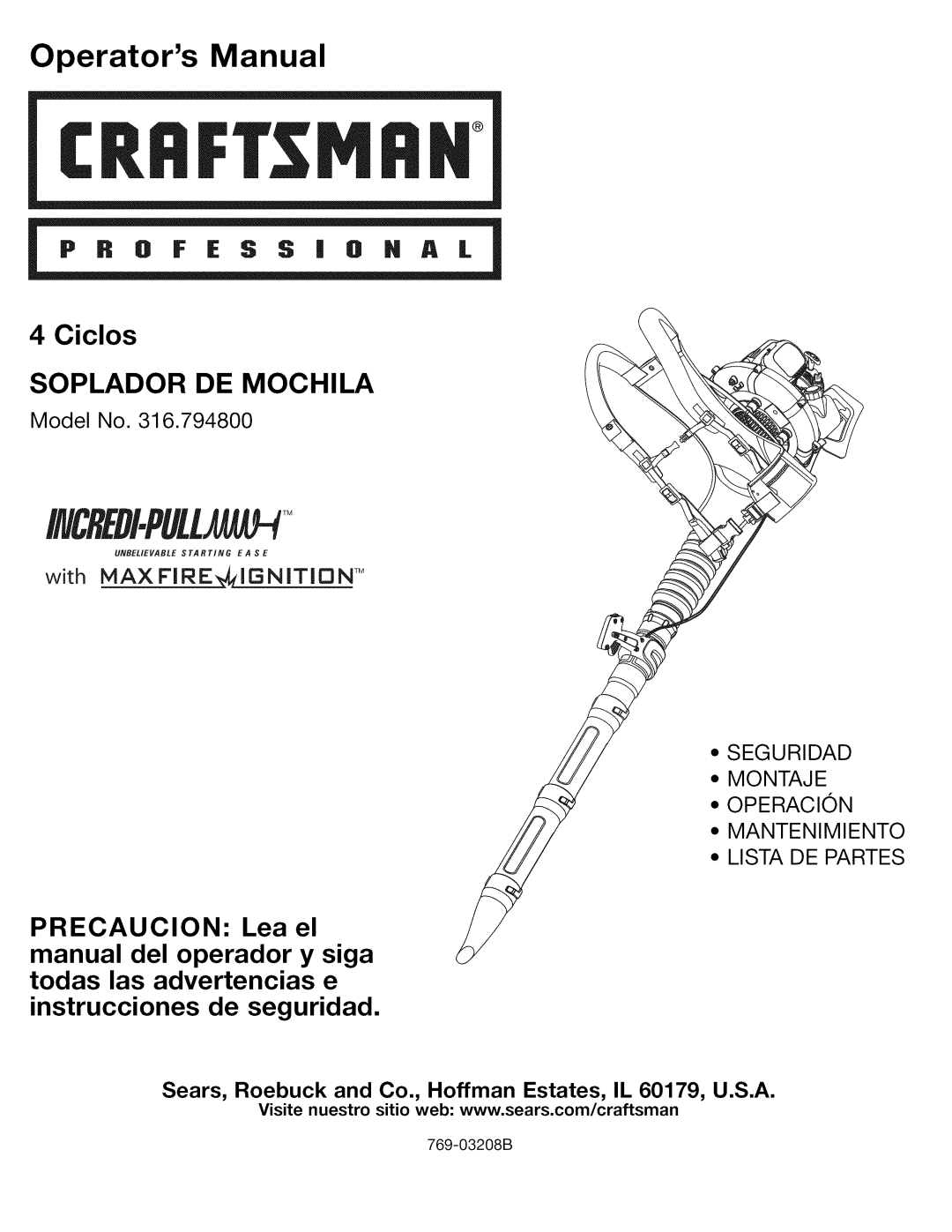 Craftsman 79480 manual Soplador DE Mochila 