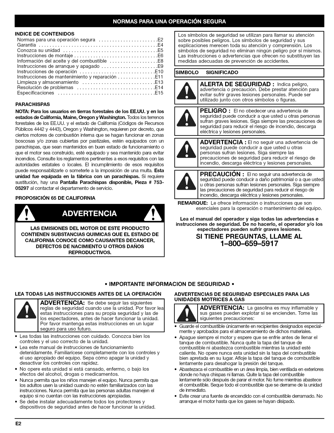 Craftsman 79480 manual Indice DE Contenidos, Parac H Ispas, Proposicion 65 DE California, Simbolo Significado 