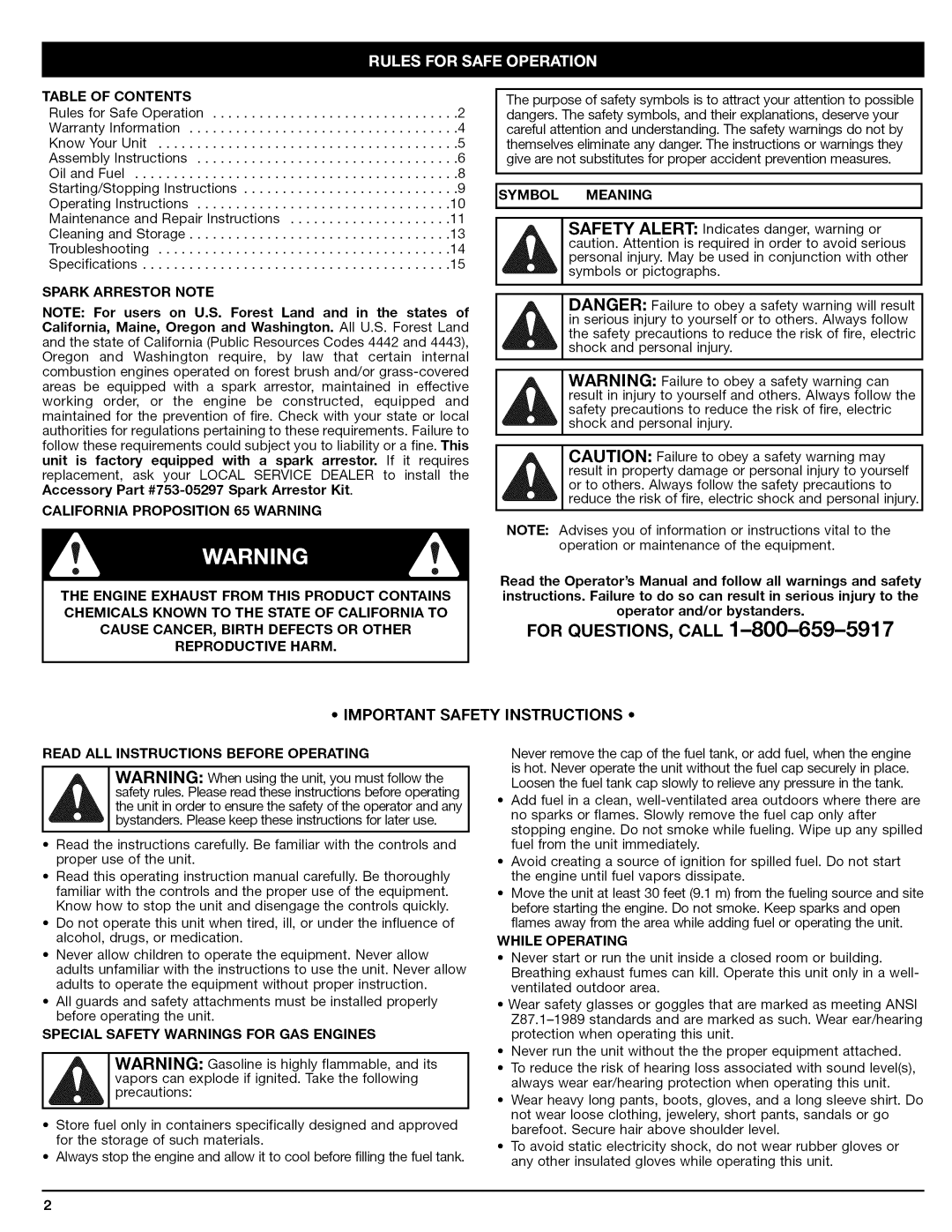 Craftsman 79480 Spark Arrestor Note, California Proposition 65 Warning, Read ALL Instructions, Special, For GAS Engines 