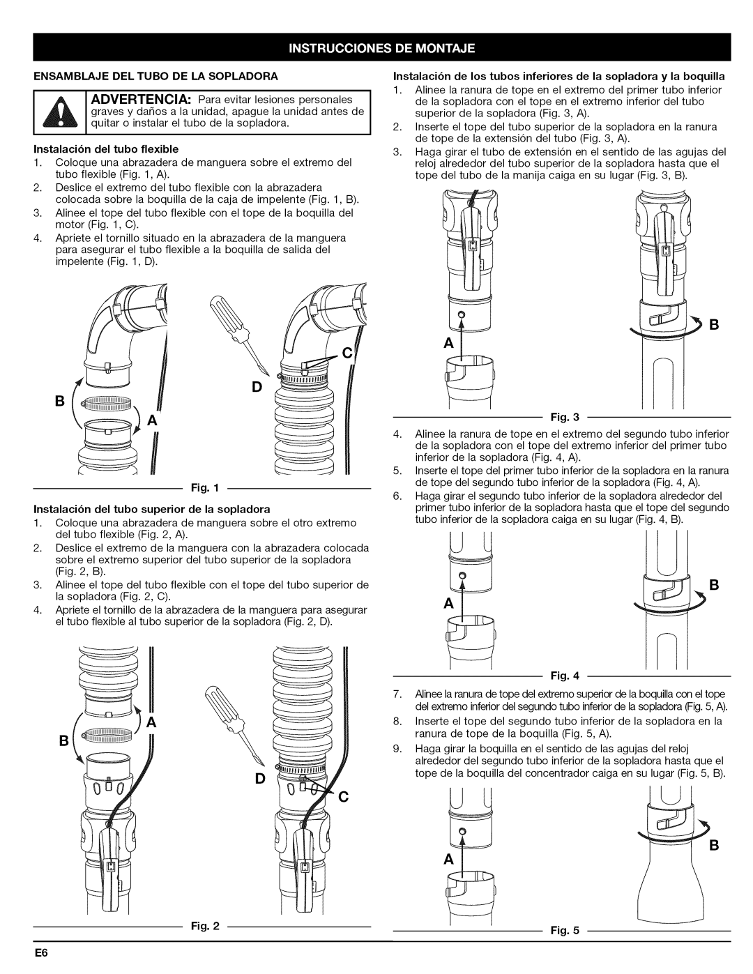 Craftsman 79480 manual Instalacibn del tubo flexible, Instalacibn del tubo superior de la sopladora 