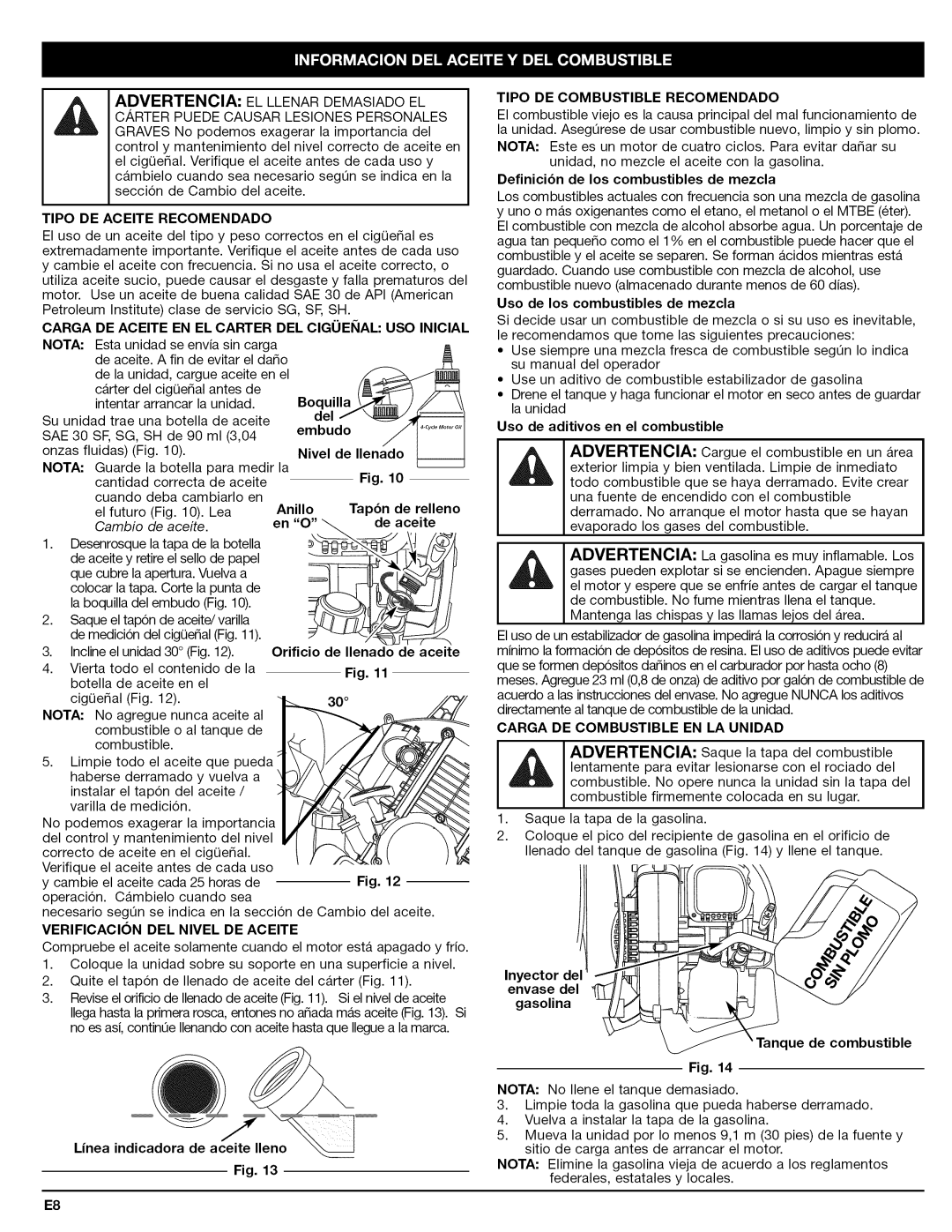 Craftsman 79480 manual Tipo DE Aceite Recomendado, Carga DE Aceite EN EL Carter DEL Cigueiial USO Inicial 