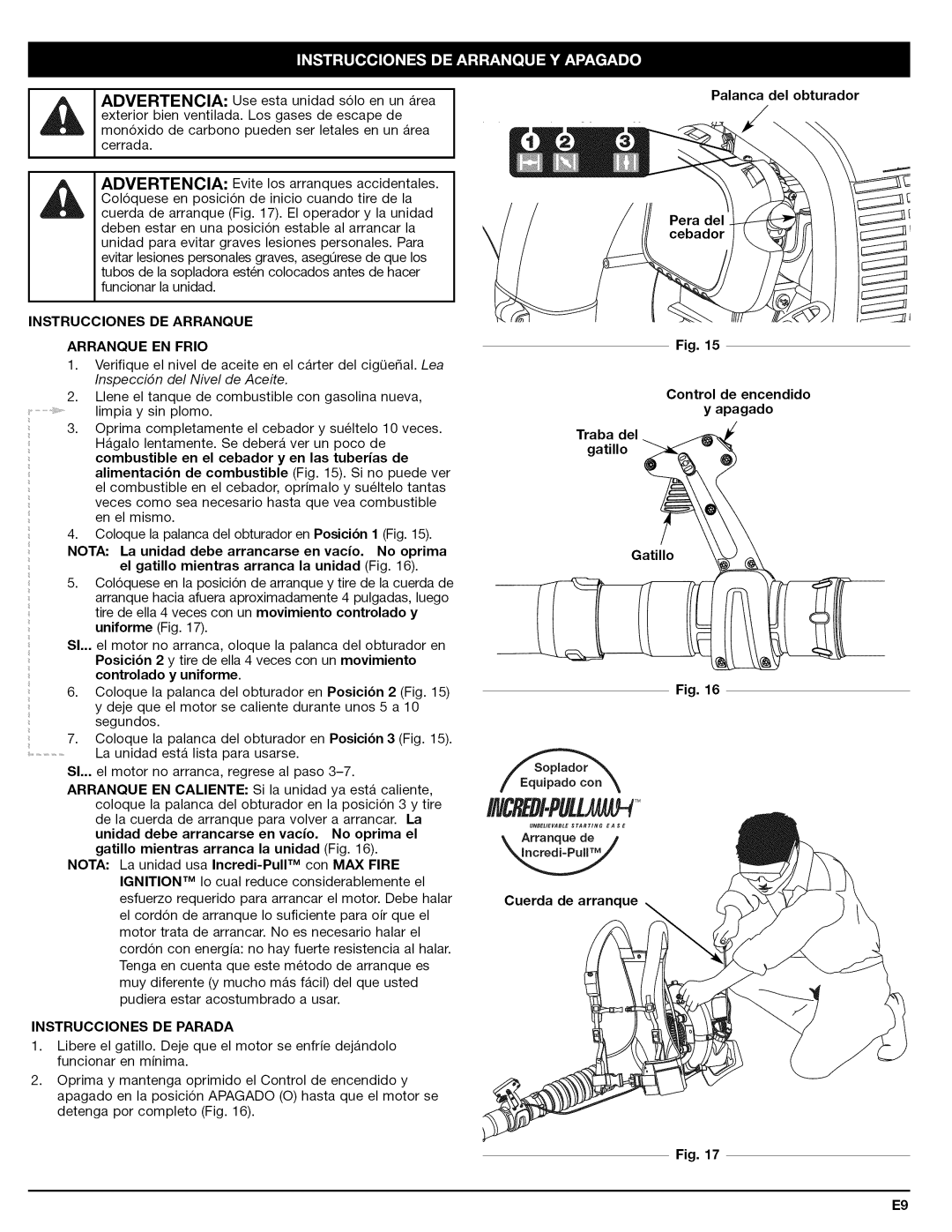 Craftsman 79480 manual Instrucciones DE Arranque Arranque EN Frio, Instrucciones DE Parada, Cuerda de arranque 