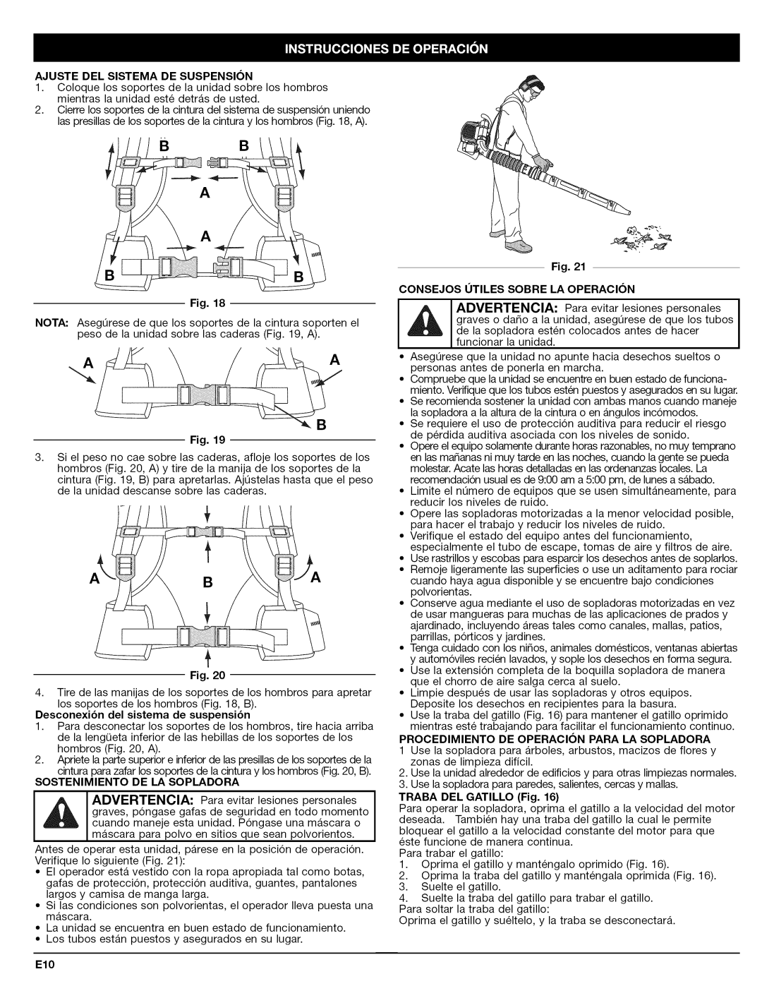 Craftsman 79480 Ajuste DEL Sistema DE Suspension, Desconexibn del sistema de suspensibn, Sostenimiento DE LA Sopladora 