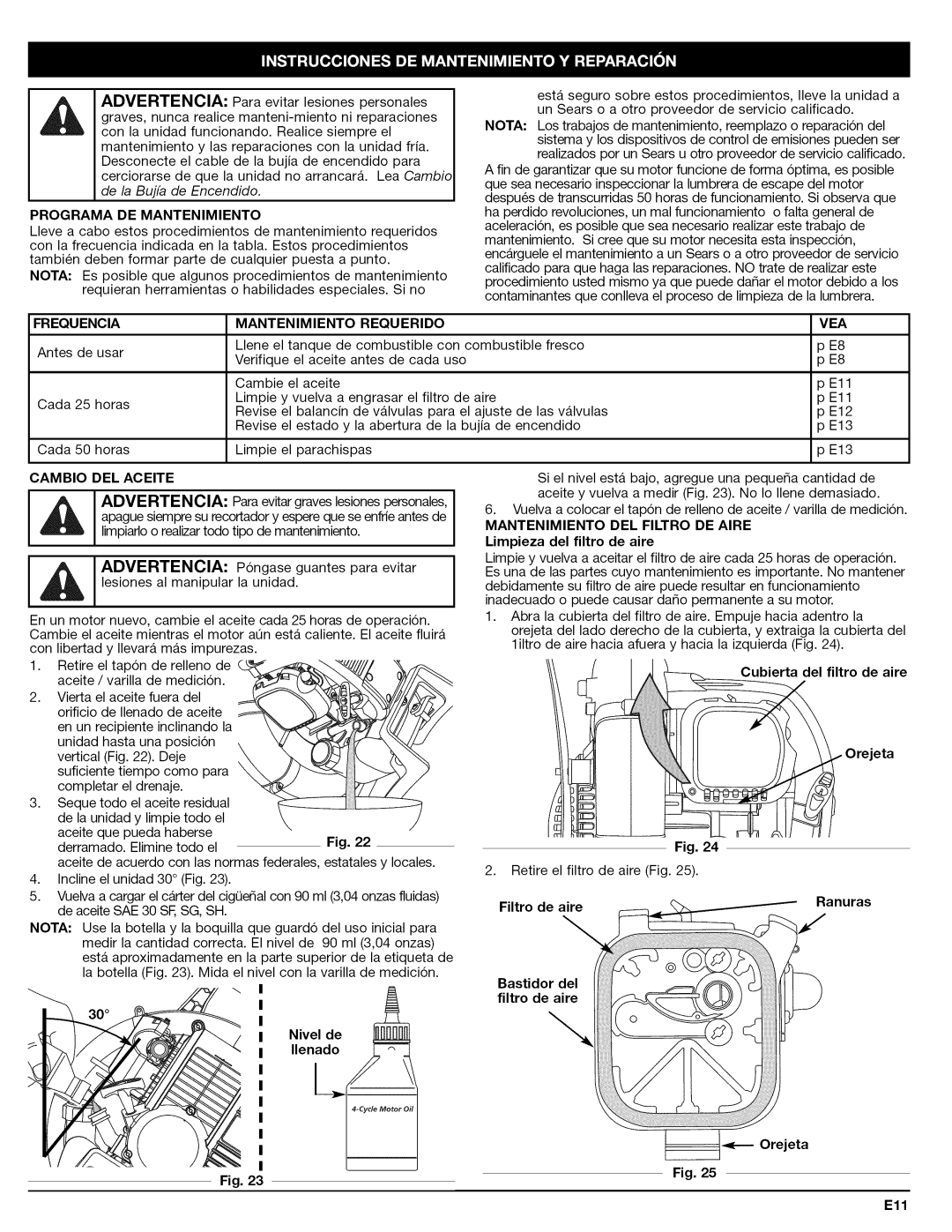 Craftsman 79480 manual Programa DE Mantenimiento, Frequencia, Mantenimiento Requerido VEA, Cambio DEL Aceite 