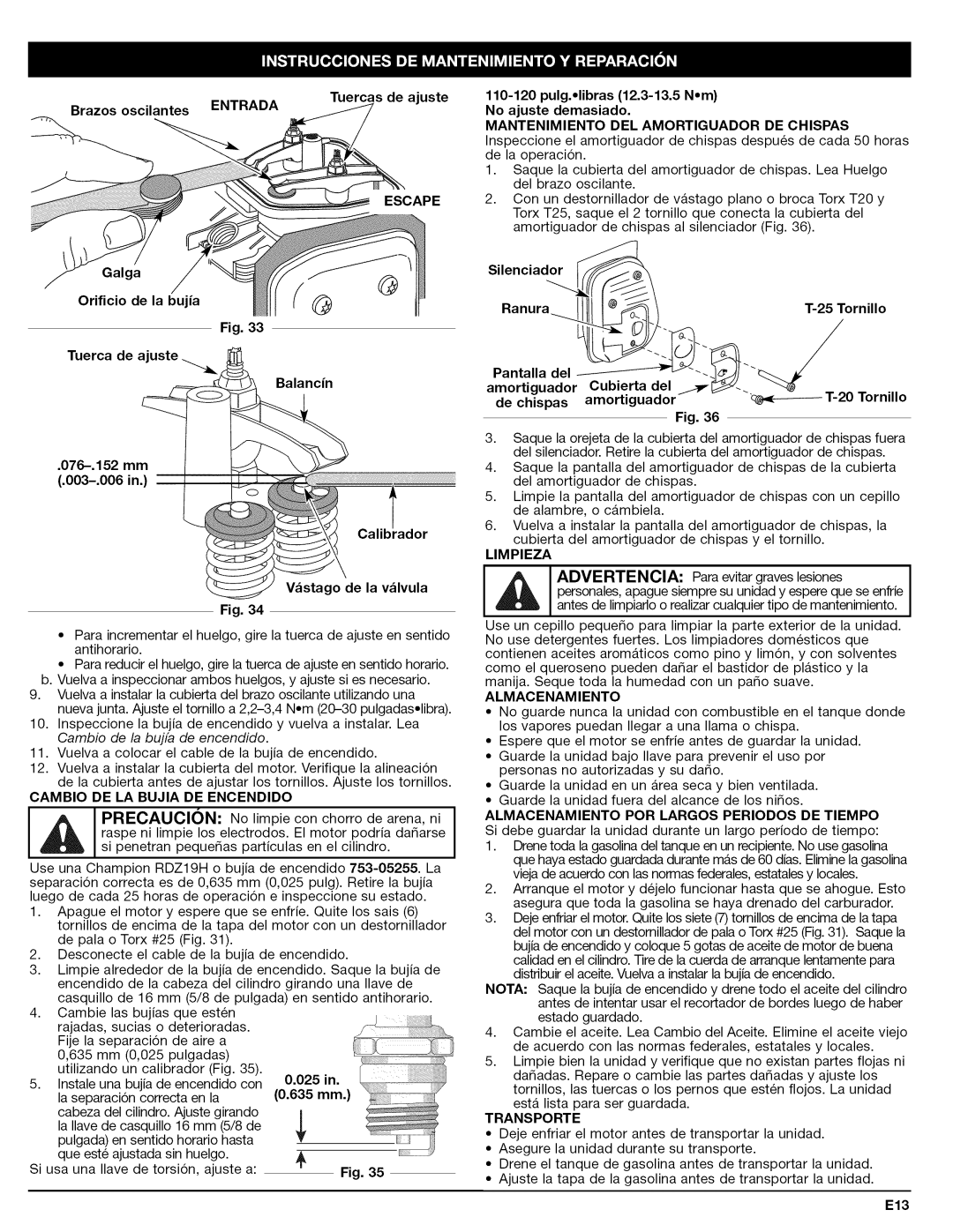 Craftsman 79480 Escape, Mantenimiento DEL Amortiguador DE Chispas, Cambio DE LA Bujia DE Encendido, Limpieza, Transporte 