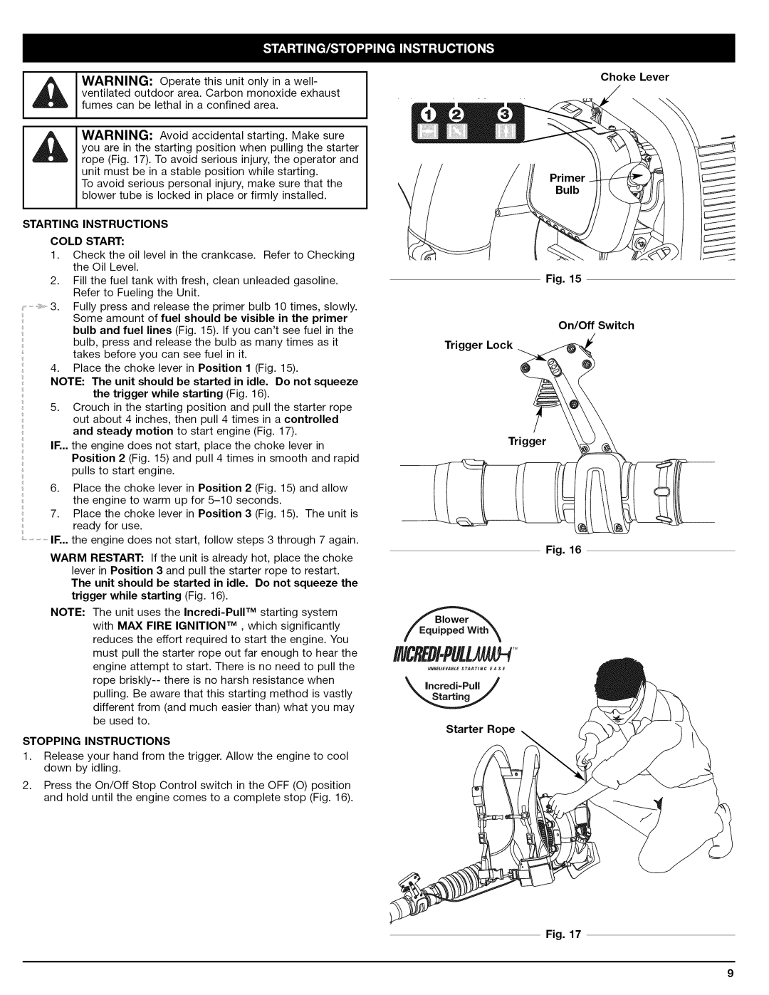 Craftsman 79480 manual Starting Instructions Cold Start, Stopping Instructions 