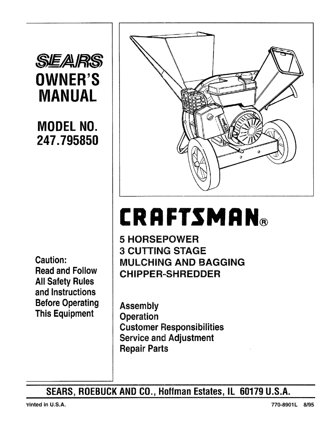 Craftsman 79585 manual Crrftsmrn, Rinted in U.S.A 770-8901L 