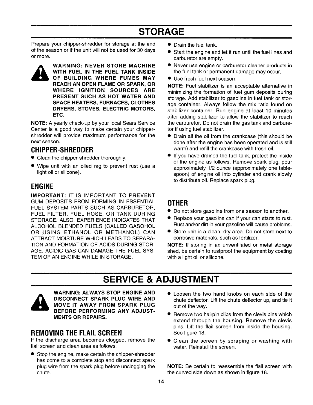 Craftsman 79585 manual Storage, Service & Adjustment, Engine, Removing the Flail Screen 