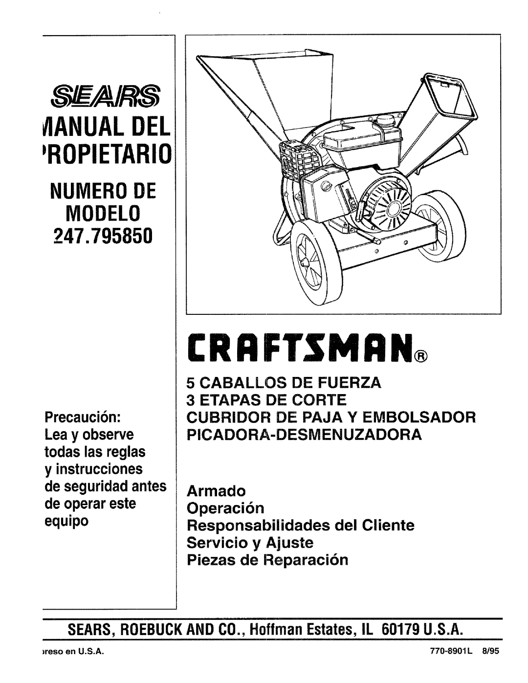 Craftsman 79585 manual TlANUALDEI ROPIErARIO, Reso en U.S.A 770-8901L 