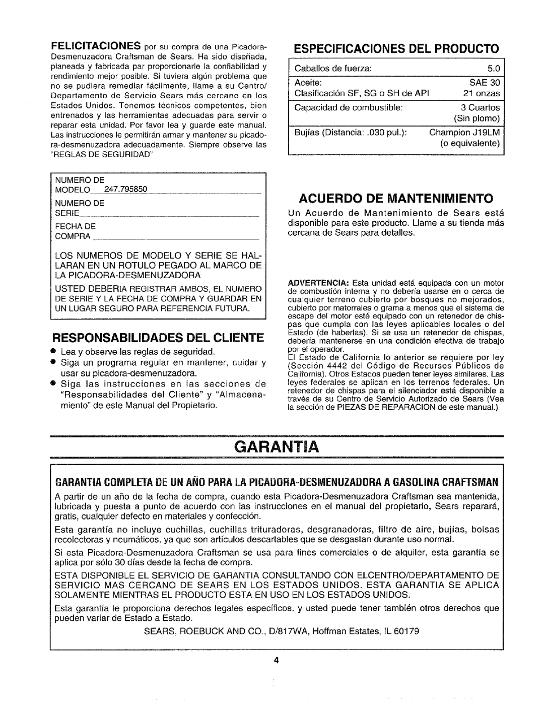 Craftsman 79585 manual Garantia, Responsabilidades DEL Cliente, Especificaciones DEL Producto, Acuerdo DE Mantenimiento 