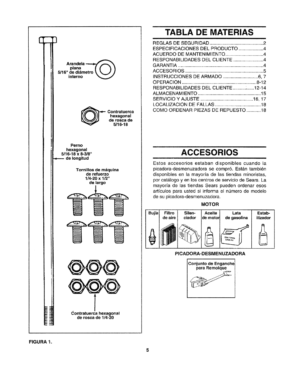 Craftsman 79585 manual Tabla DE Materias, Accesorios, Motor, Cadora-Desmenuzadora 