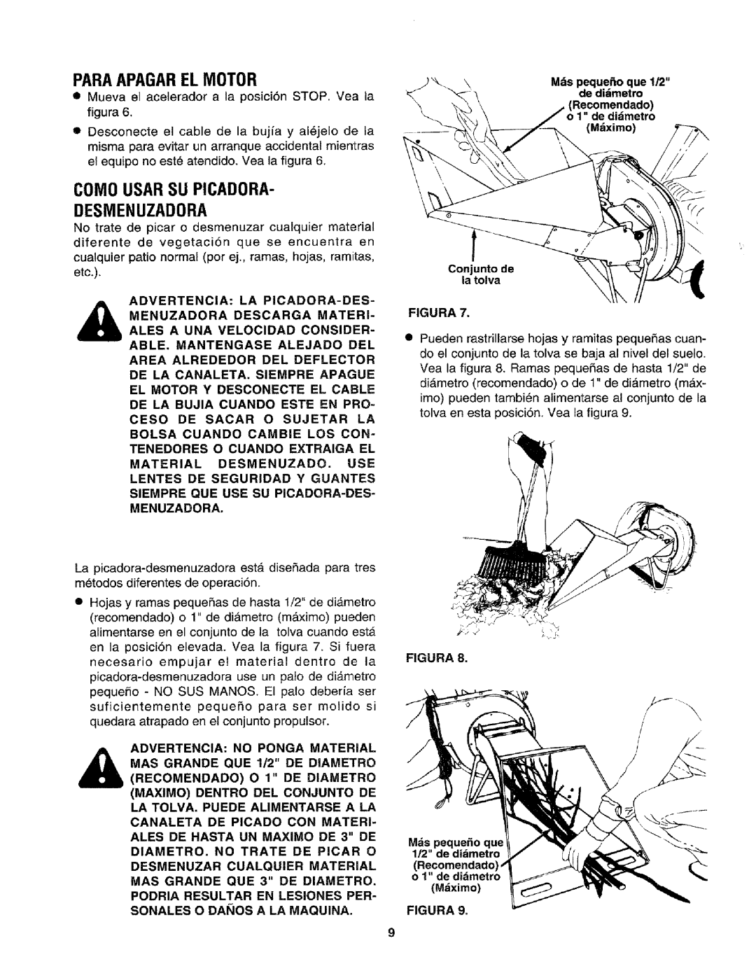 Craftsman 79585 manual Paraapagarel Motor, Como Usar SU Picadora Desmenuzadora, De didmetro Mdximo 