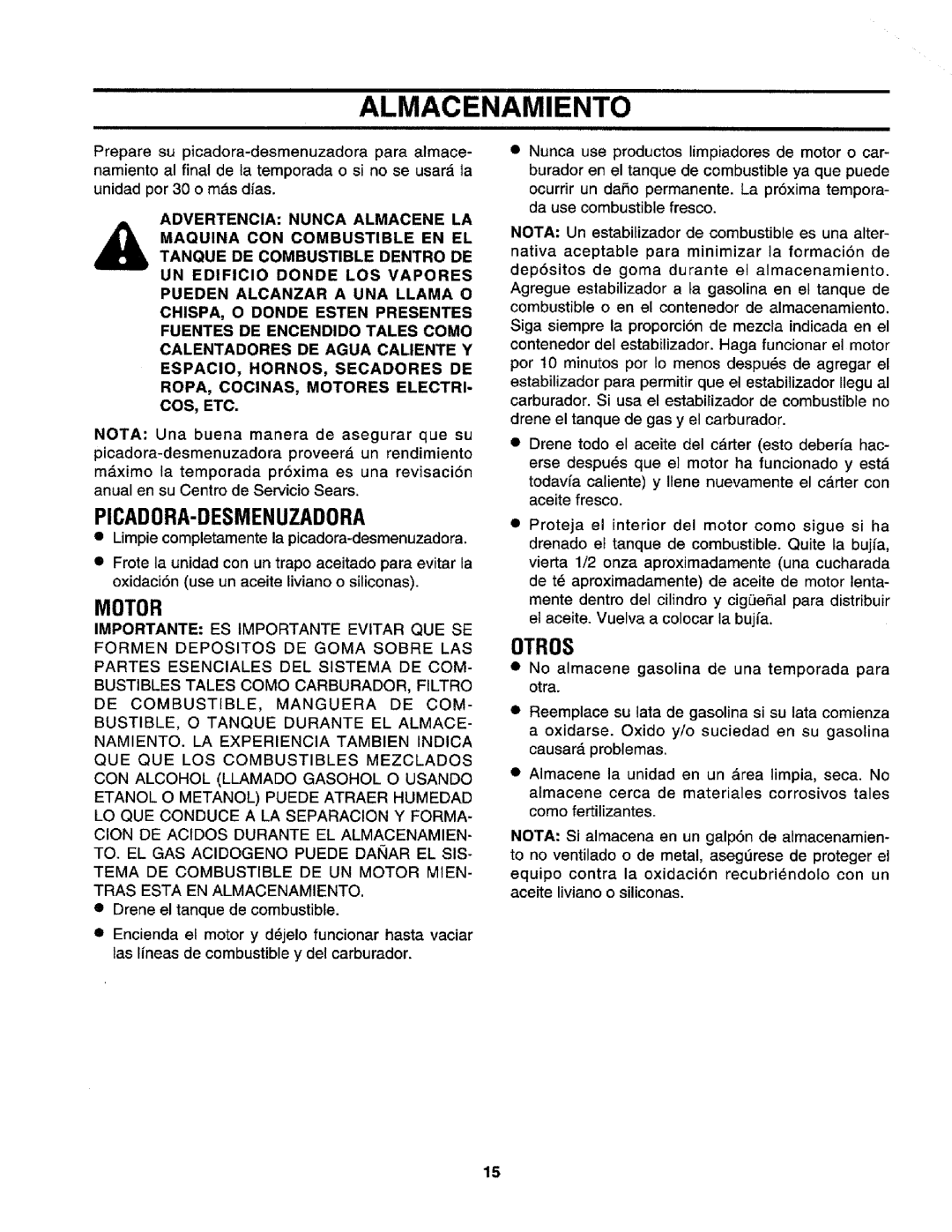 Craftsman 79585 manual Almacenamiento, Otros 