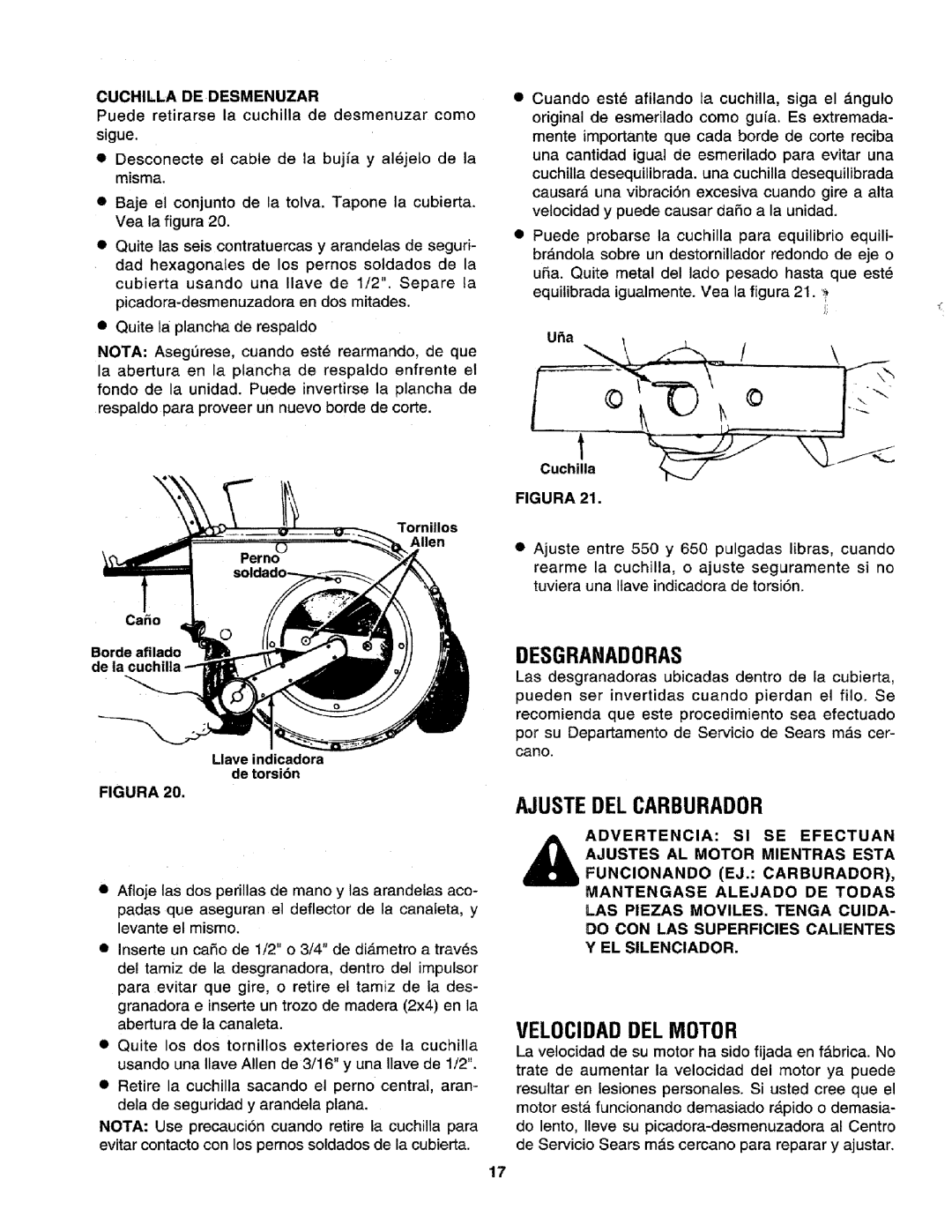 Craftsman 79585 manual Desgranadoras, Ajuste DEL Carburador, Velocidaddel Motor, Cuchilla DE Desmenuzar 