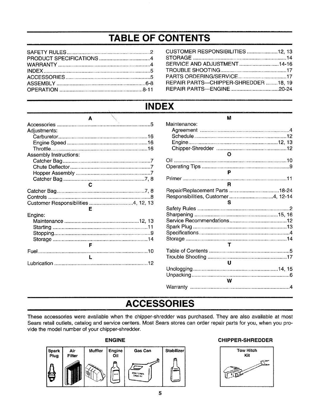 Craftsman 79585 manual Table of Contents, Accessories 