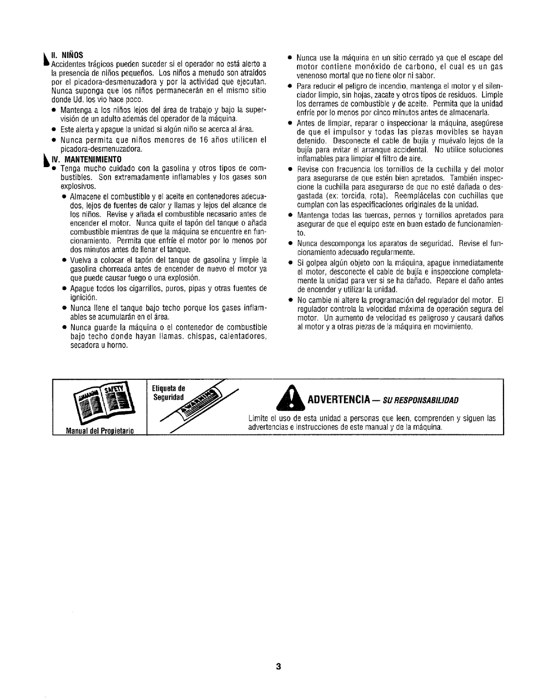 Craftsman 79585 manual ADVERTENCIA-- suRESPONSABIL/DAD, _Iv. Mantenimiento, ManualdelPropietario 