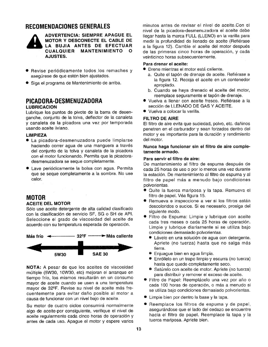 Craftsman 79585 manual Recomendacionesgenerales, Picadora-Desmenuzadora, Motor 