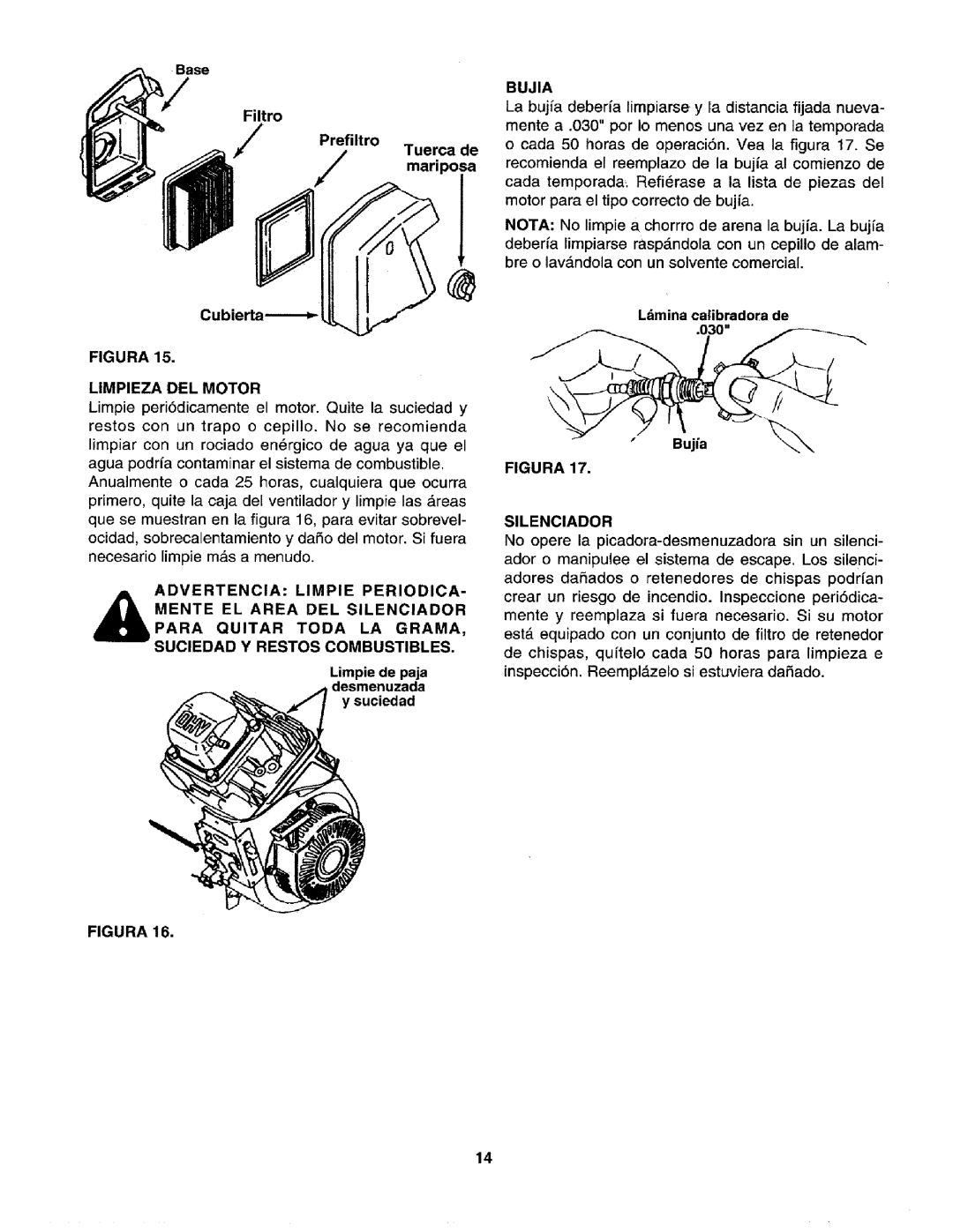 Craftsman 79585 manual Filtro, Prefiltro Tuerca de mariposa, Bujia, Cubierta_ FIGURA LIMPIEZA DEL MOTOR, Figura 