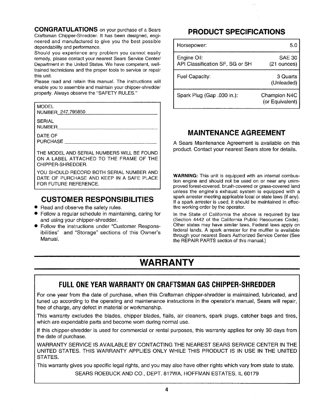 Craftsman 79585 manual Warranty, Customer Responsibilities, Product Specifications, Maintenance Agreement 
