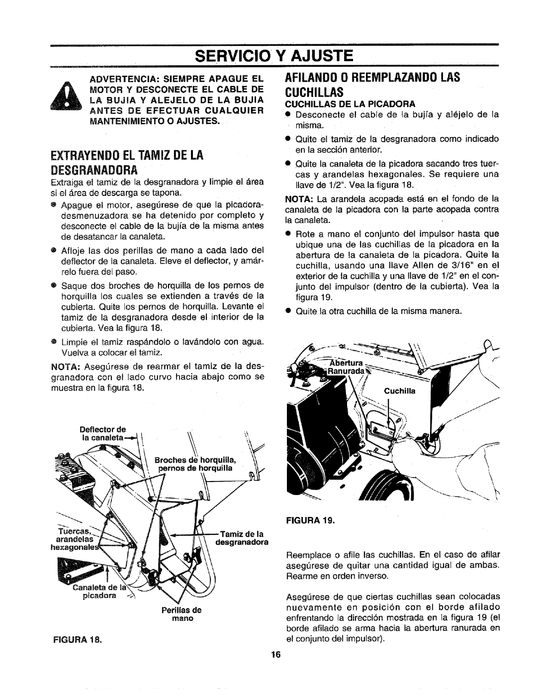 Craftsman 79585 manual Servicio, Y Ajuste, EXTRAYEND0 EL TAME DE LA DESGRANADORA, AFILANDO 0 REEMPLAZANDOLAS CUCHILLAS 
