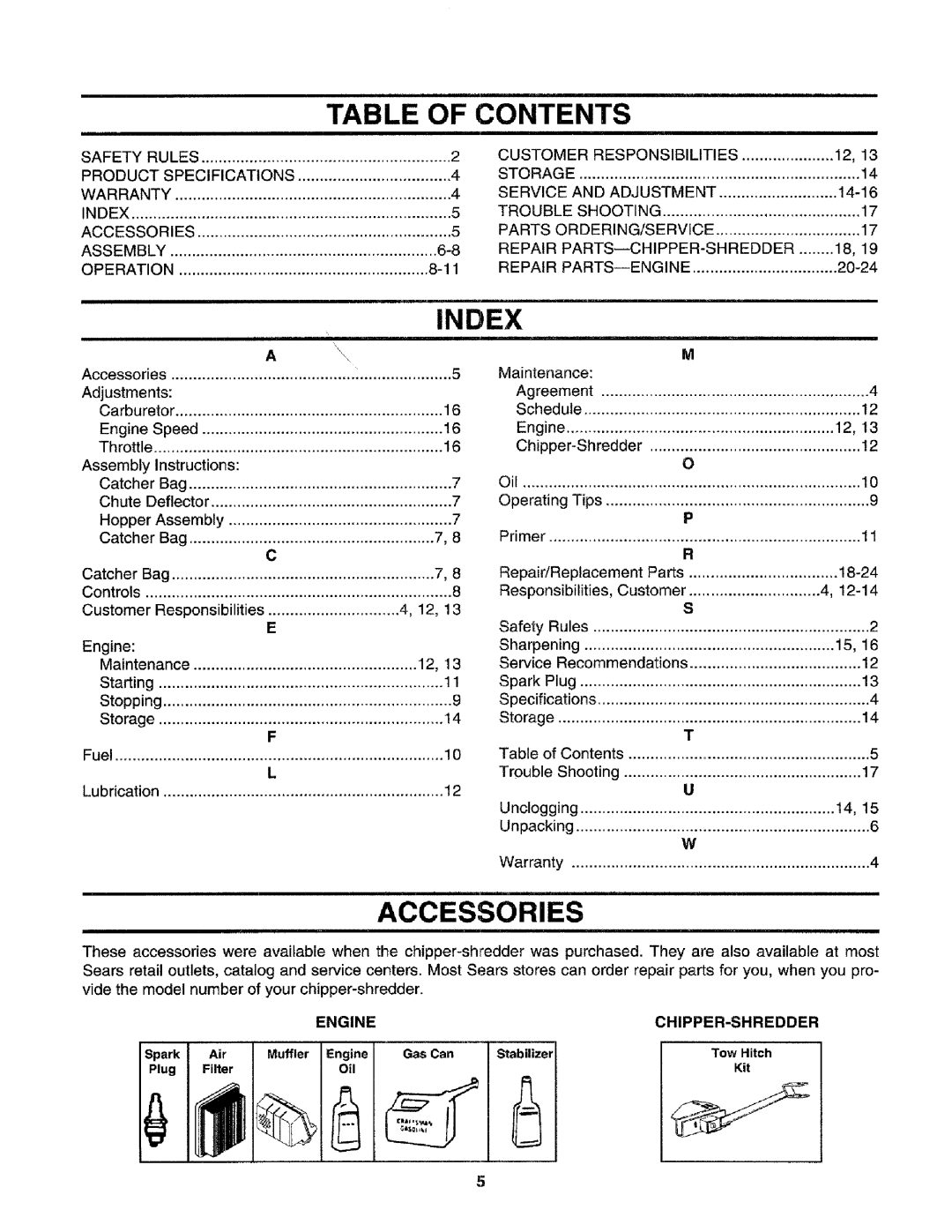 Craftsman 79585 manual In Dex, Table Of Contents, Accessories 