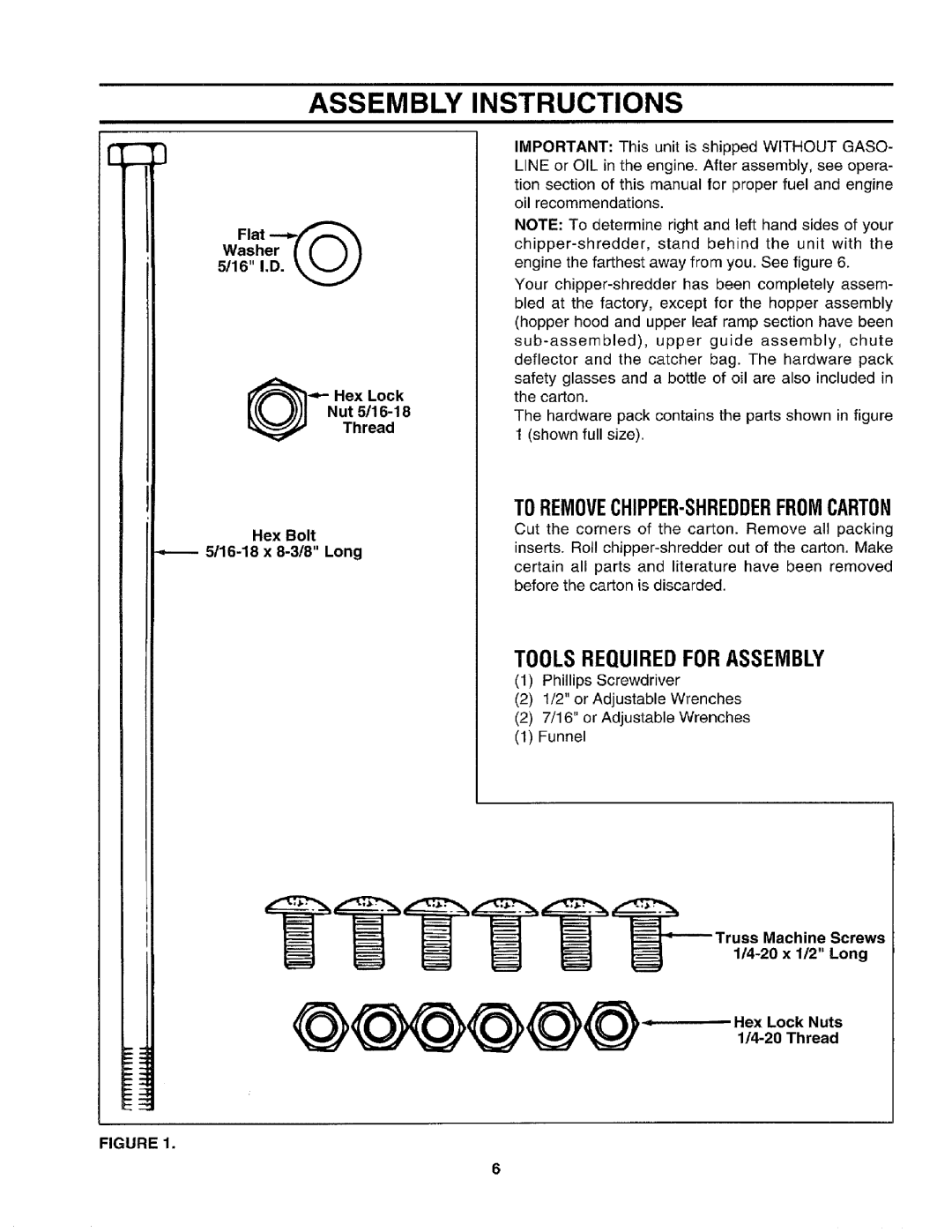 Craftsman 79585 manual Instructions, Tools Requiredfor Assembly, Toremovechipper-Shredderfromcarton 