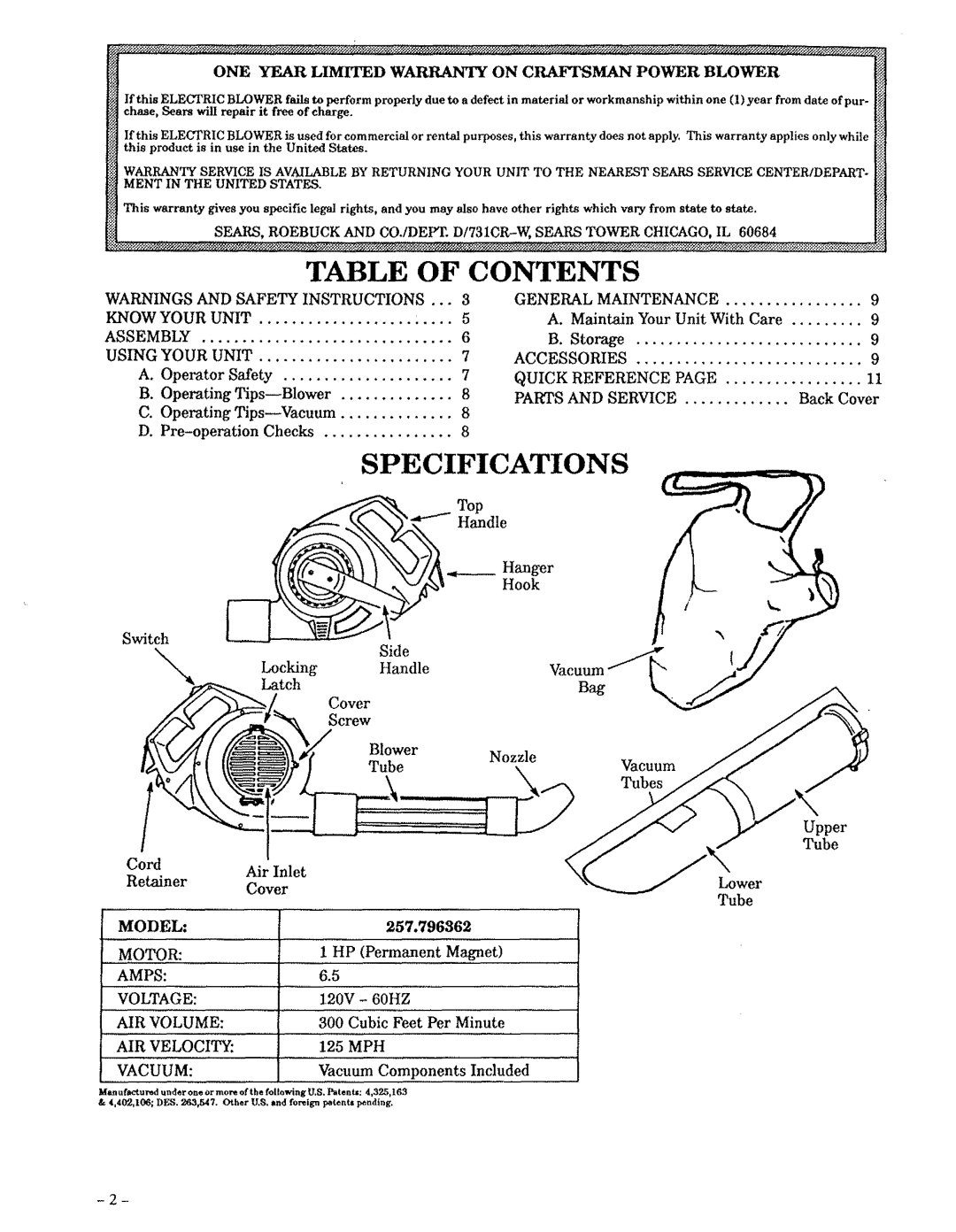 Craftsman 257.796362 manual Table of Contents 