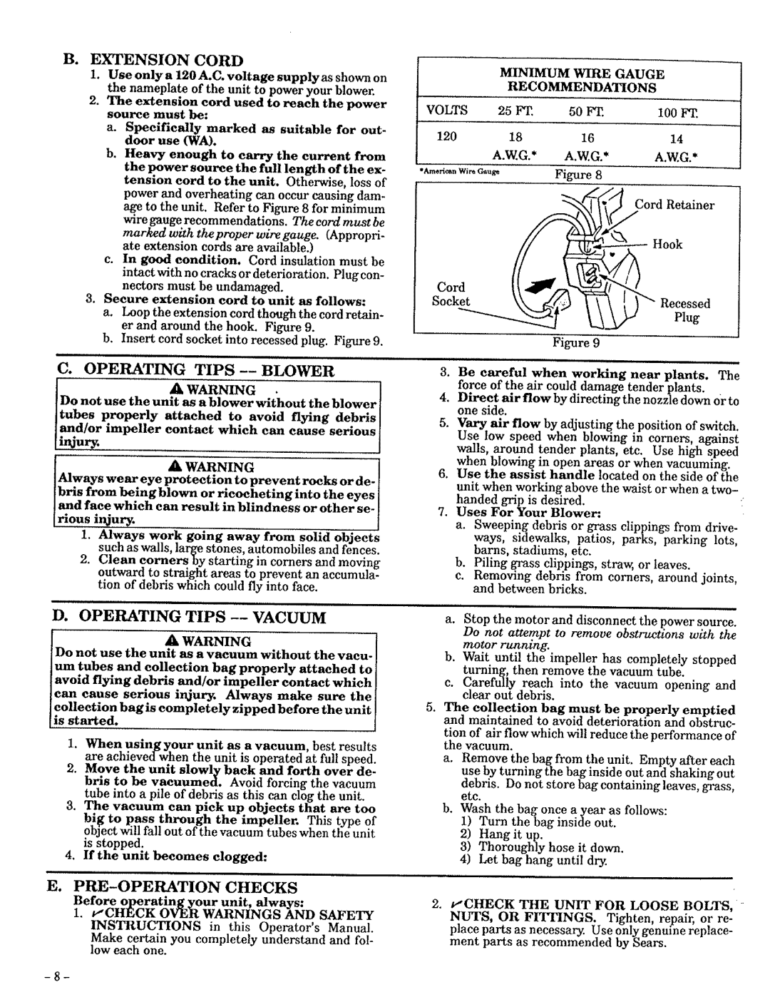 Craftsman 257.796362 manual Operating TIPS--BLOWER, PRE-OPERATION Checks, WAR. Ning, Minimum Wire Gauge Recommendations 