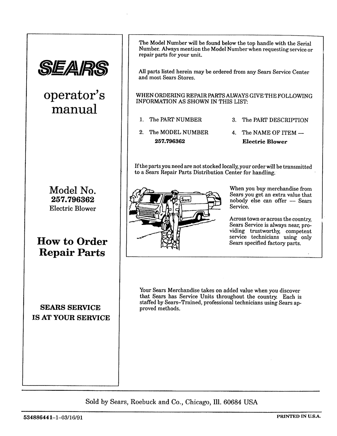 Craftsman 79636 operators, How to Order Repair Parts, Electric Blower, Sears Service, Is At Your Service, manual, Model No 