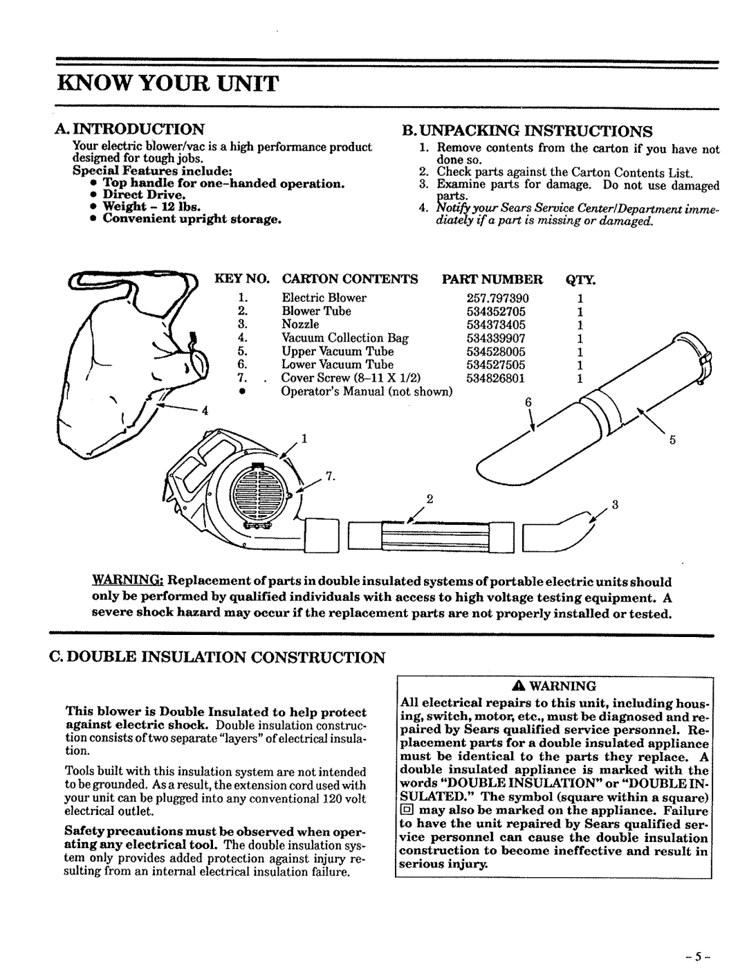 Craftsman 257.796362 Know Your Unit, B. Unpacking Instructions, C. Double Insulation Construction, xL, A.Fntrodug Ion 