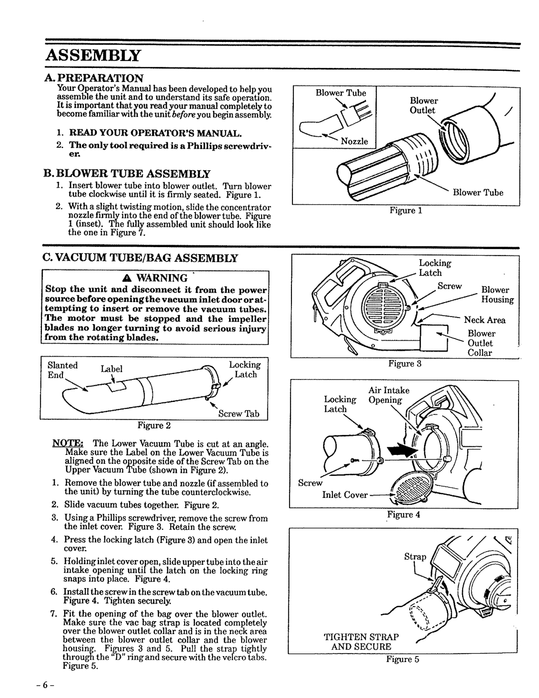 Craftsman 257.796362 manual A.Preparation, B.Blower Tube Assembly, C. Vacuum Tube/Bag Assembly, A Warning 