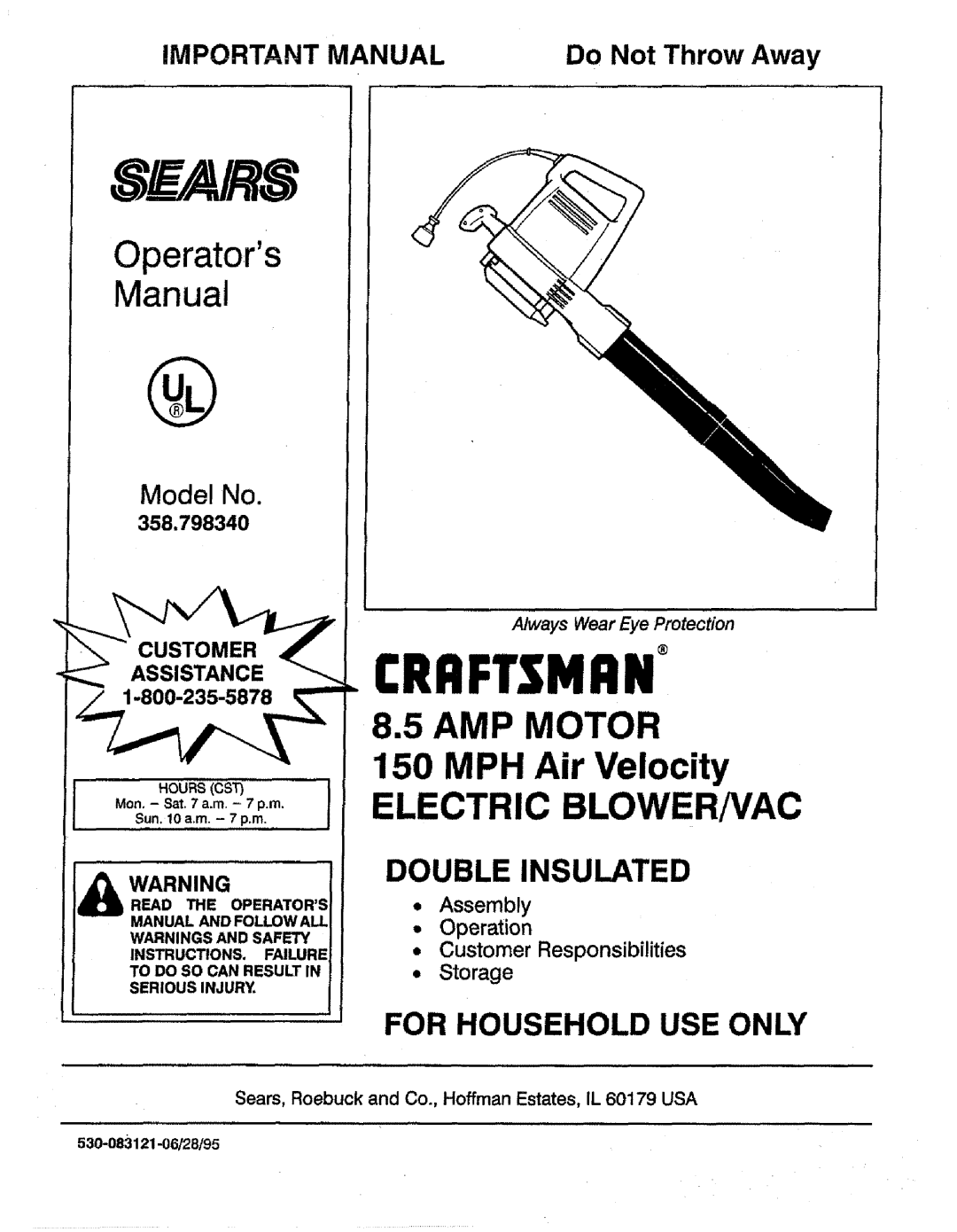 Craftsman 358.798340 manual Se/ Rs, Important Manual 