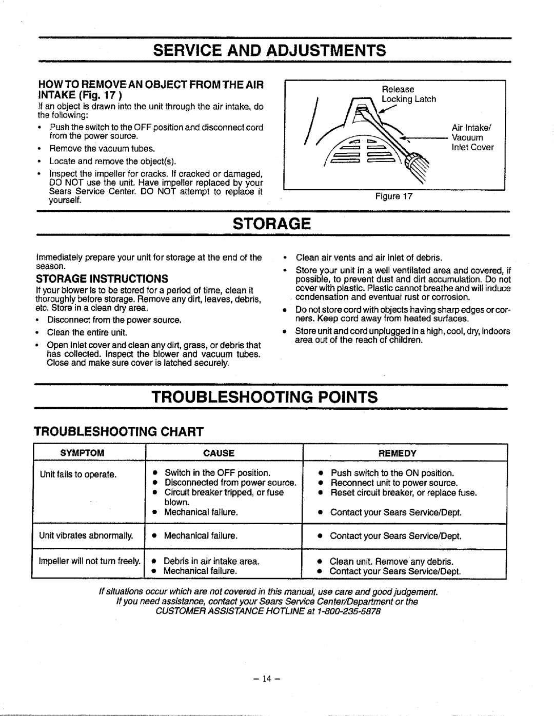 Craftsman 79834 manual Service and Adjustments, Troubleshooting Points, Troubleshooting Chart, Storage Instructions 