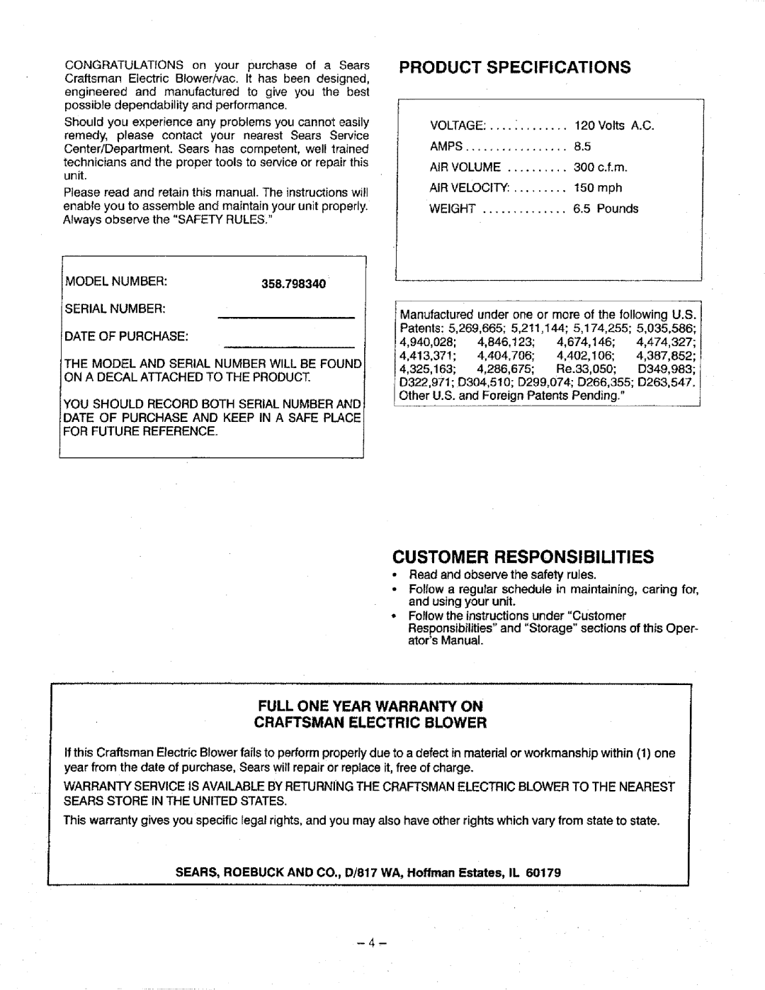 Craftsman 79834 manual Customer Responsibilities, Full ONE Year Warranty on Craftsman Electric Blower, Date of Purchase 