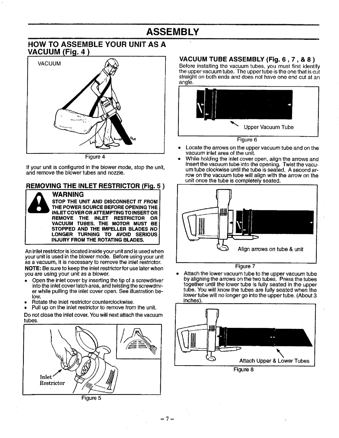 Craftsman 358.798340 manual Vacuum Tube Assembly , 7, Removing the Inlet Restrictor Fig 