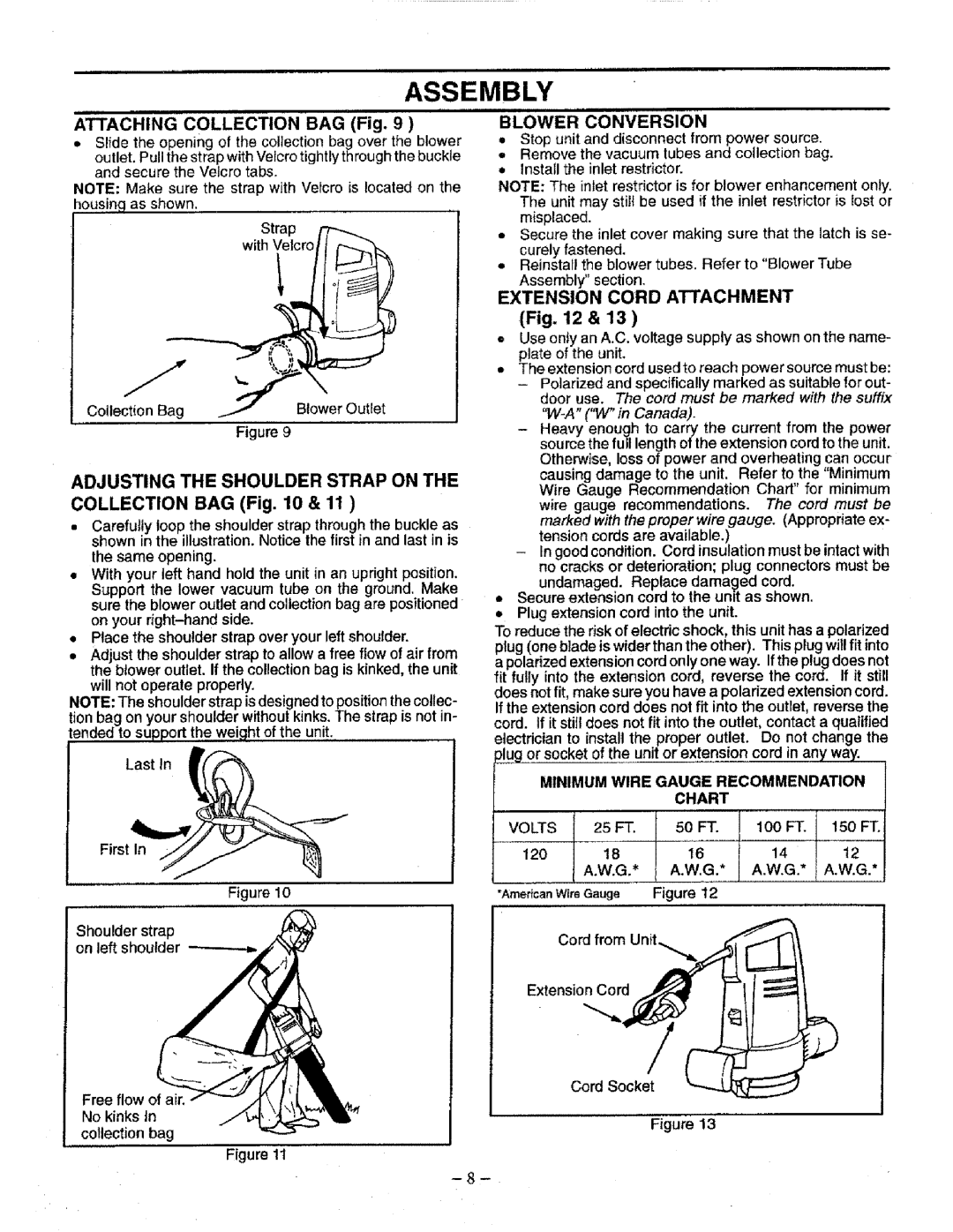 Craftsman 358.798340 Adjusting the Shoulder Strap on, Collection BAG, Blower Conversion, Extension Cord Attachment 