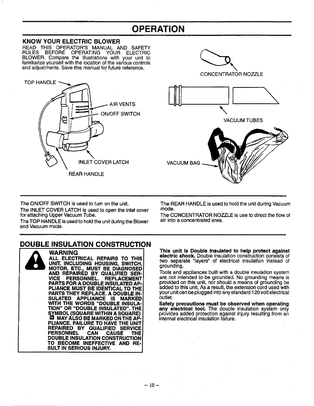 Craftsman 358.798340 manual Double Insulation Construction, Know Your Electric Blower 