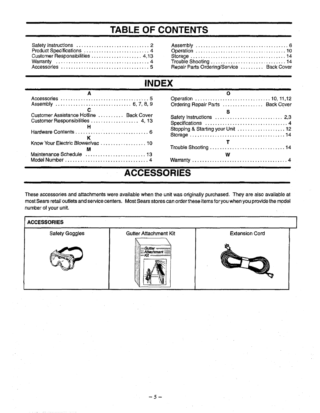 Craftsman 358.798340 manual Table Of Contents, Index, Accessories, Safety Goggles, Extension Cord 