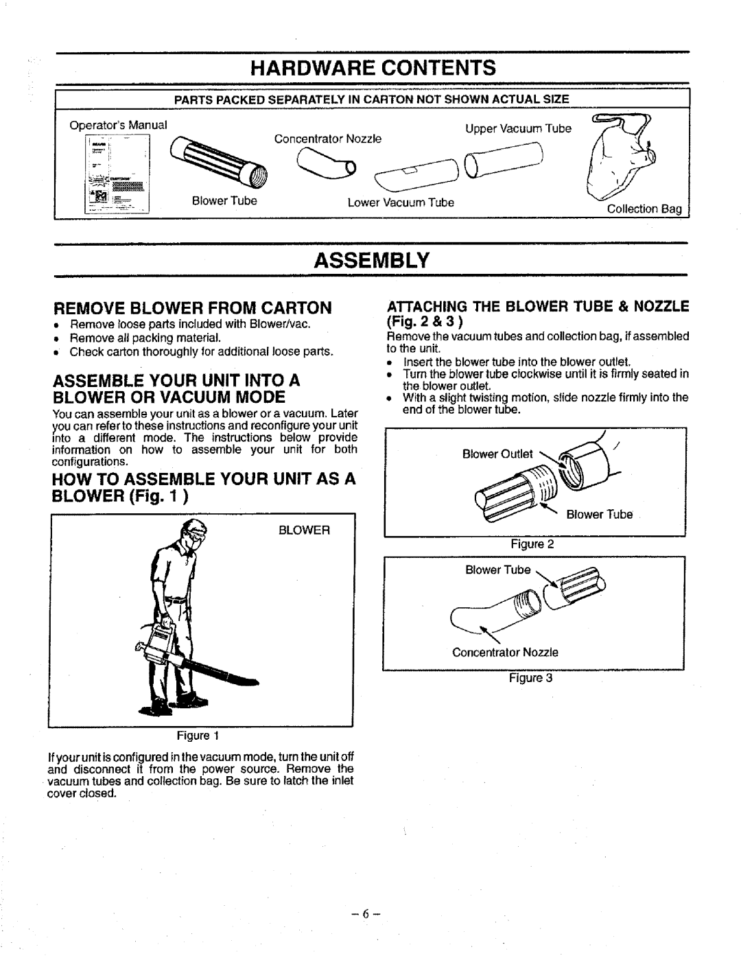 Craftsman 79834 Hardware Contents, Assembly, Remove Blower From Carton, Assemble Your Unit Into A Blower Or Vacuum Mode 