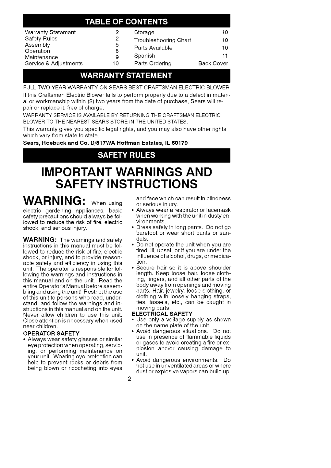 Craftsman 358.798370 manual Operator Safety, Electrical Safety 