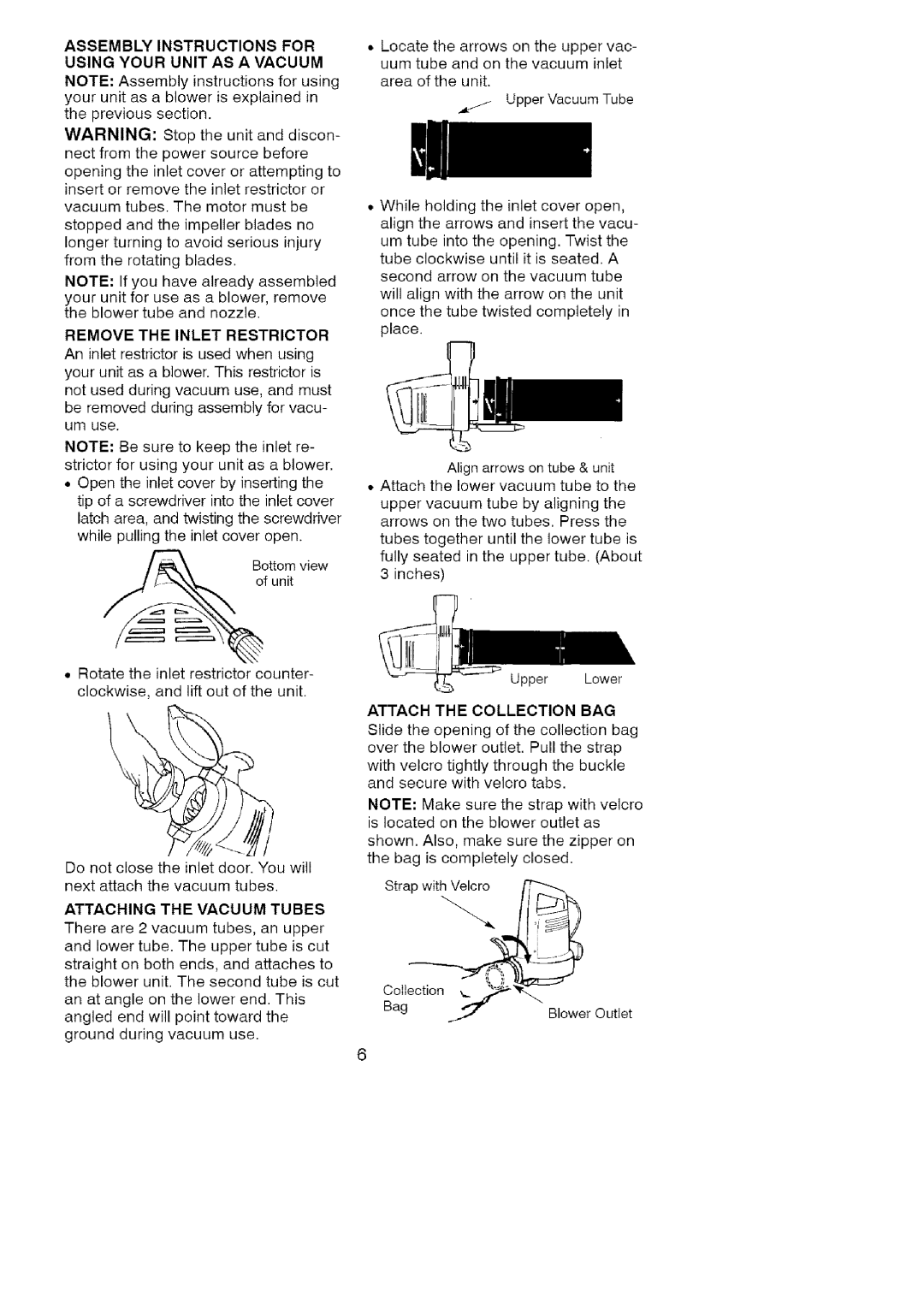 Craftsman 358.798370 manual Assembly Instructions for Using Your Unit AS a Vacuum, Attaching the Vacuum Tubes 