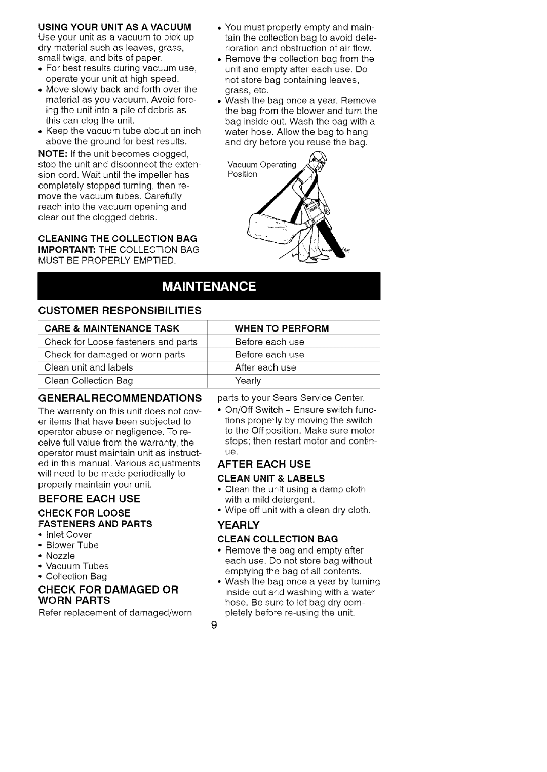 Craftsman 358.798370 Eneral Recommendations, Before Each USE Check for Loose Fasteners and Parts, Clean Unit & Labels 