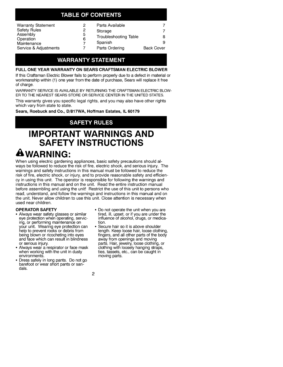 Craftsman 79934 Important Warnings and Safety Instructions, Full ONE Year Warranty on Sears Craftsman Electric Blower 