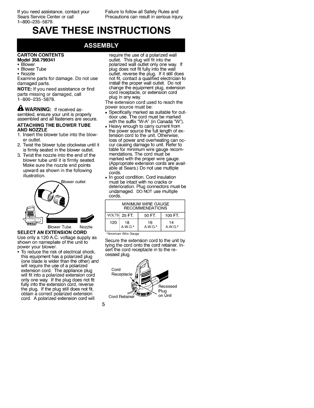 Craftsman 358.799341 instruction manual Save These Instructions, Carton Contents 