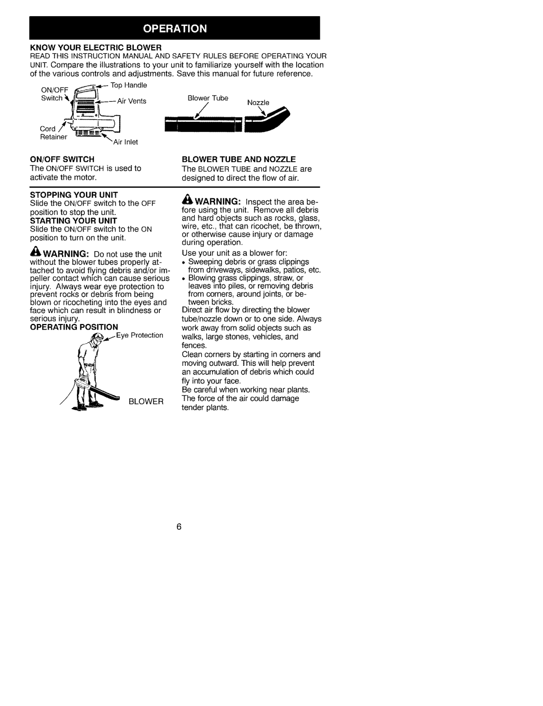 Craftsman 358.799341 instruction manual ON/OFF Switch, Stopping Your Unit, Starting Your Unit, Blower Tube and Nozzle 