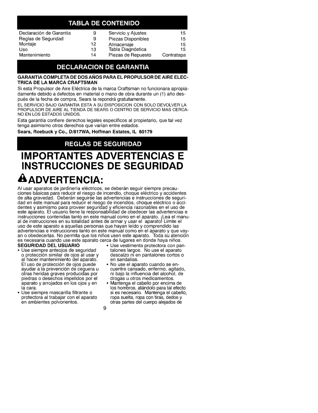 Craftsman 358.799341 instruction manual Importantes Advertencias E Instrucciones DE Seguridad, Trica DE LA Marca Craftsman 