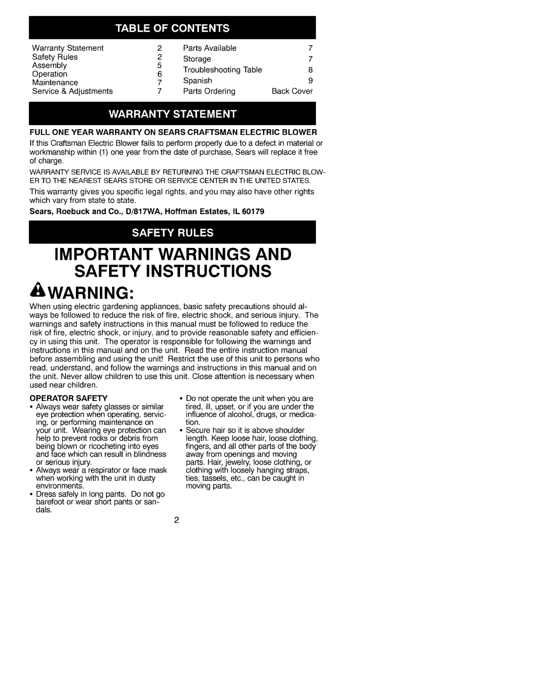 Craftsman 358.799341 instruction manual Important Warnings And Safety Instructions, Operator Safety 