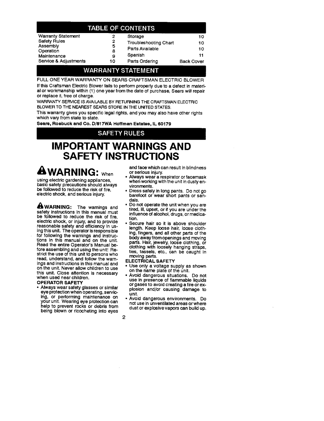 Craftsman 79938 operating instructions Operator Safety, Electrical Safety 