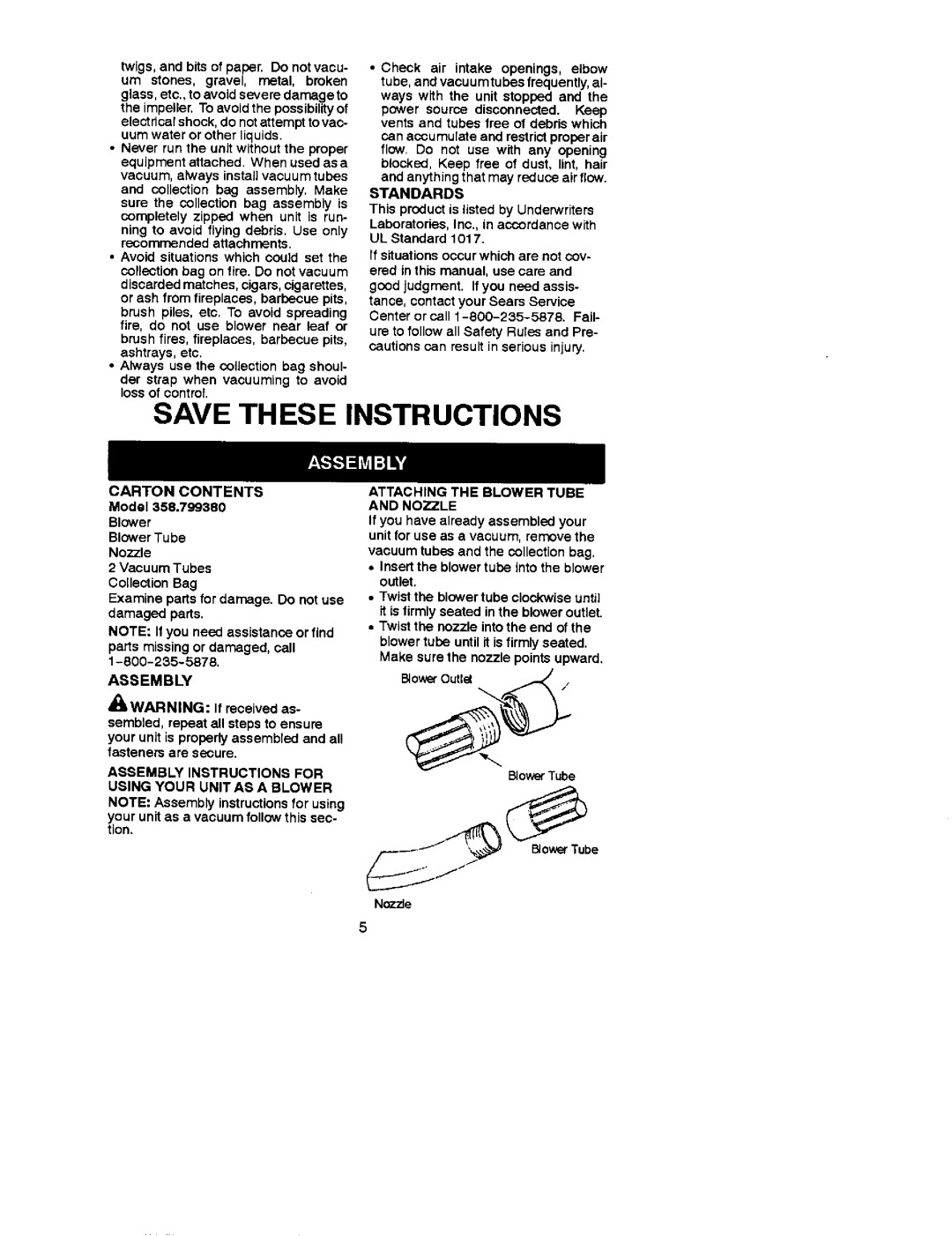 Craftsman 79938 operating instructions Standards, Attaching the Blower Tube and Nozzle, Assembly Instructions for 