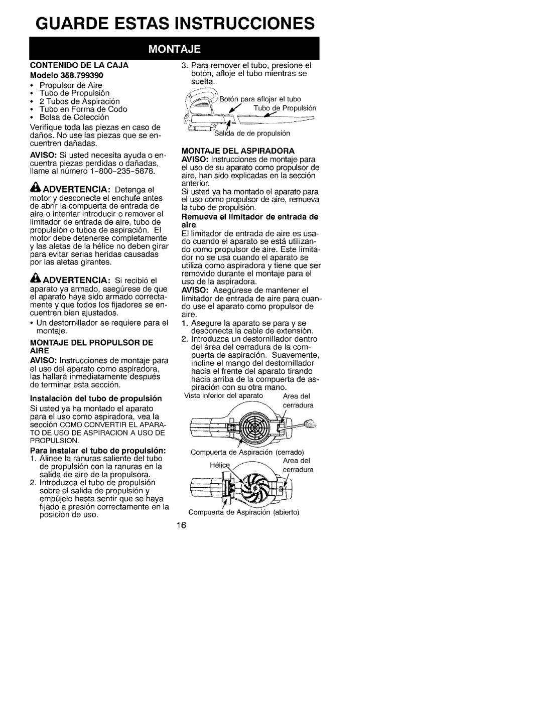 Craftsman 79939 manual Contenido DE LA Caja, Montaje DEL Propulsor DE, Montaje DEL Aspiradora 